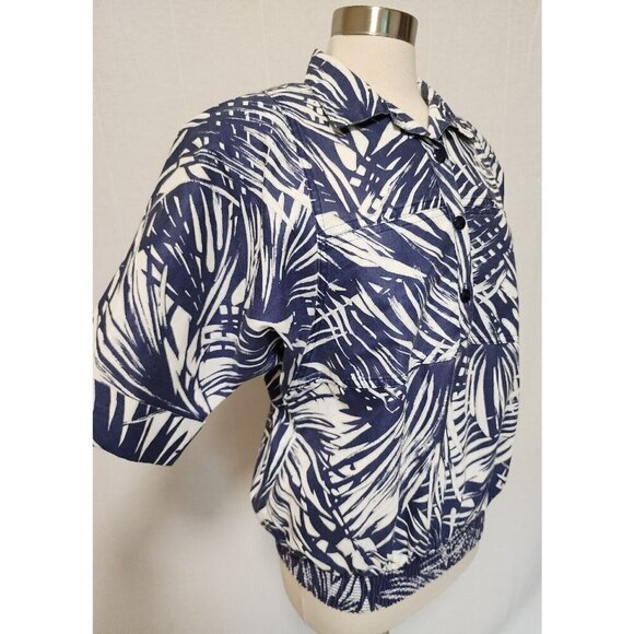 Womens 80s 90s Vintage Palm Print Shirt Size XL Blue Tropical - Picture 2 of 7